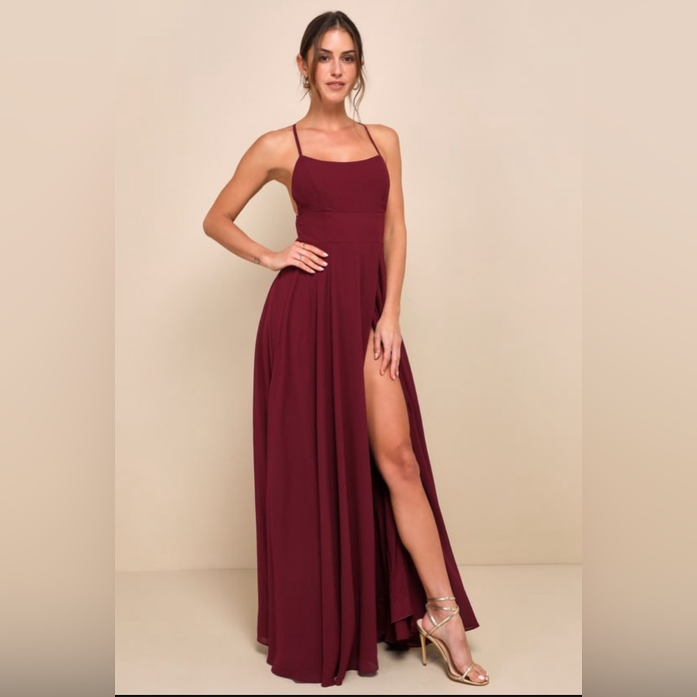 Lulu’s long burgundy wedding guest dress with low back and crossover front slit